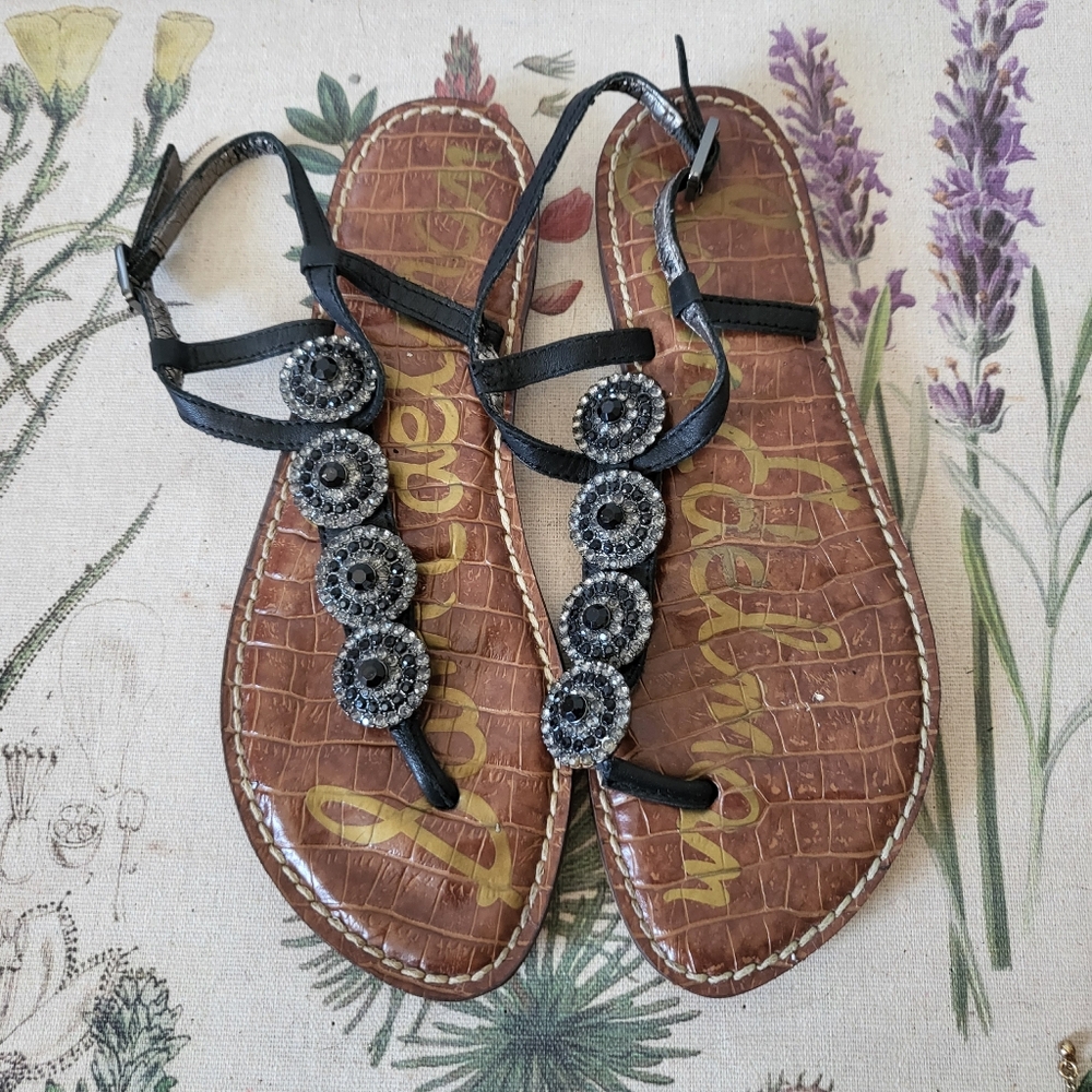 Sam Edelman Galia Black Leather Strap Thong Sandals Rhinestone Circles 6M